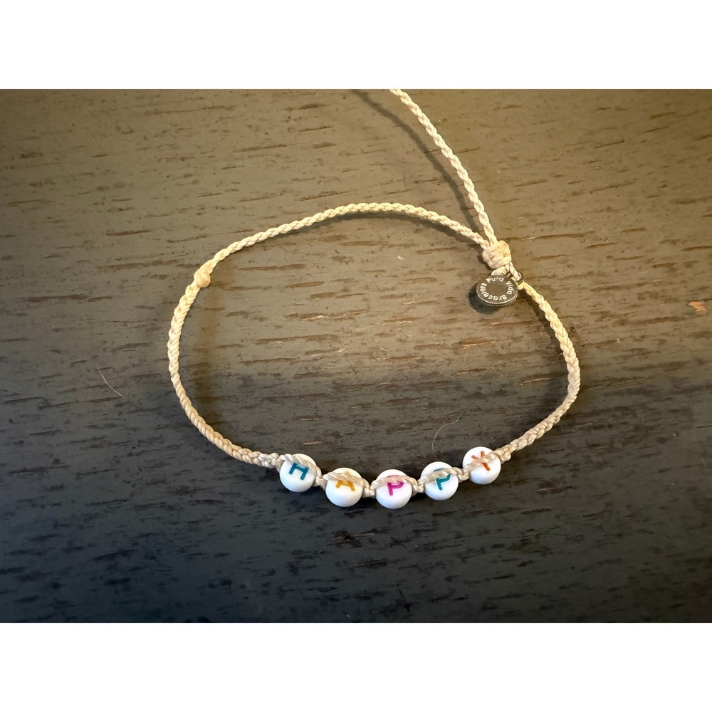 Pura Vida Happy Beaded Bracelet Cream Braided Cord Adjustable Logo Charm